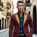 ** A stylish man wearing a Tom Brown blazer with its signature bold design, short cut, and gold buttons. He's confidently posing in a modern, upscale urban setting.

**