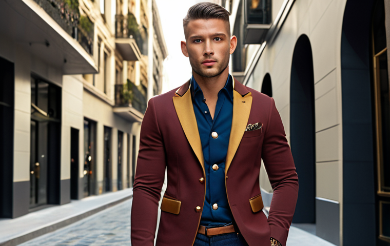 ** A stylish man wearing a Tom Brown blazer with its signature bold design, short cut, and gold buttons. He's confidently posing in a modern, upscale urban setting.
**