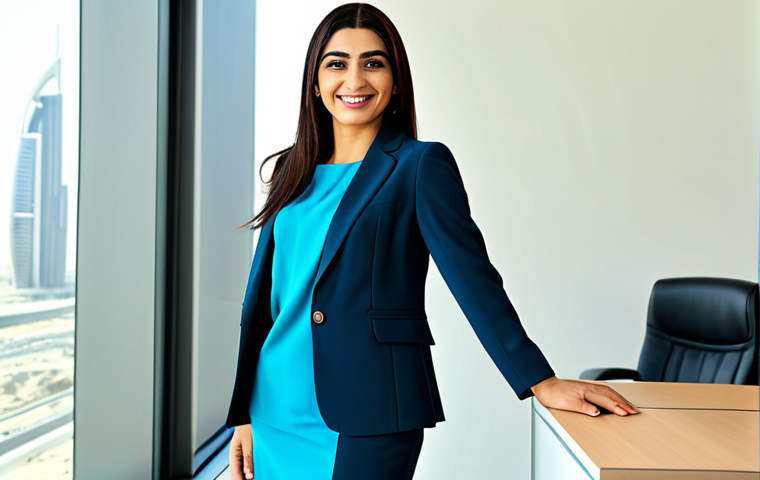 **

"A professional Arab businesswoman in a modest, tailored business suit, smiling confidently while standing in a bright, modern office in Dubai, fully clothed, appropriate attire, safe for work, perfect anatomy, natural proportions, professional corporate photography, high quality."

**